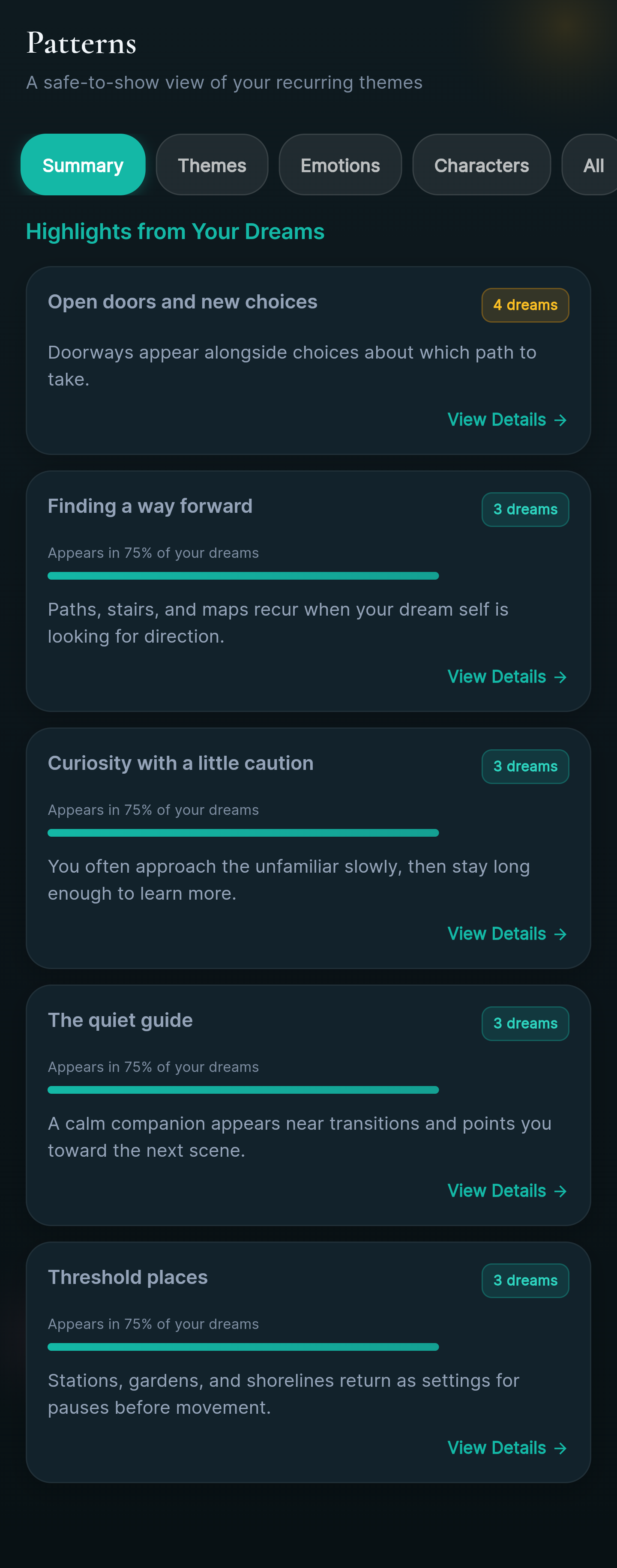 Patterns overview with categories and recurring themes, emotions, people, places, and connections in a sample journal